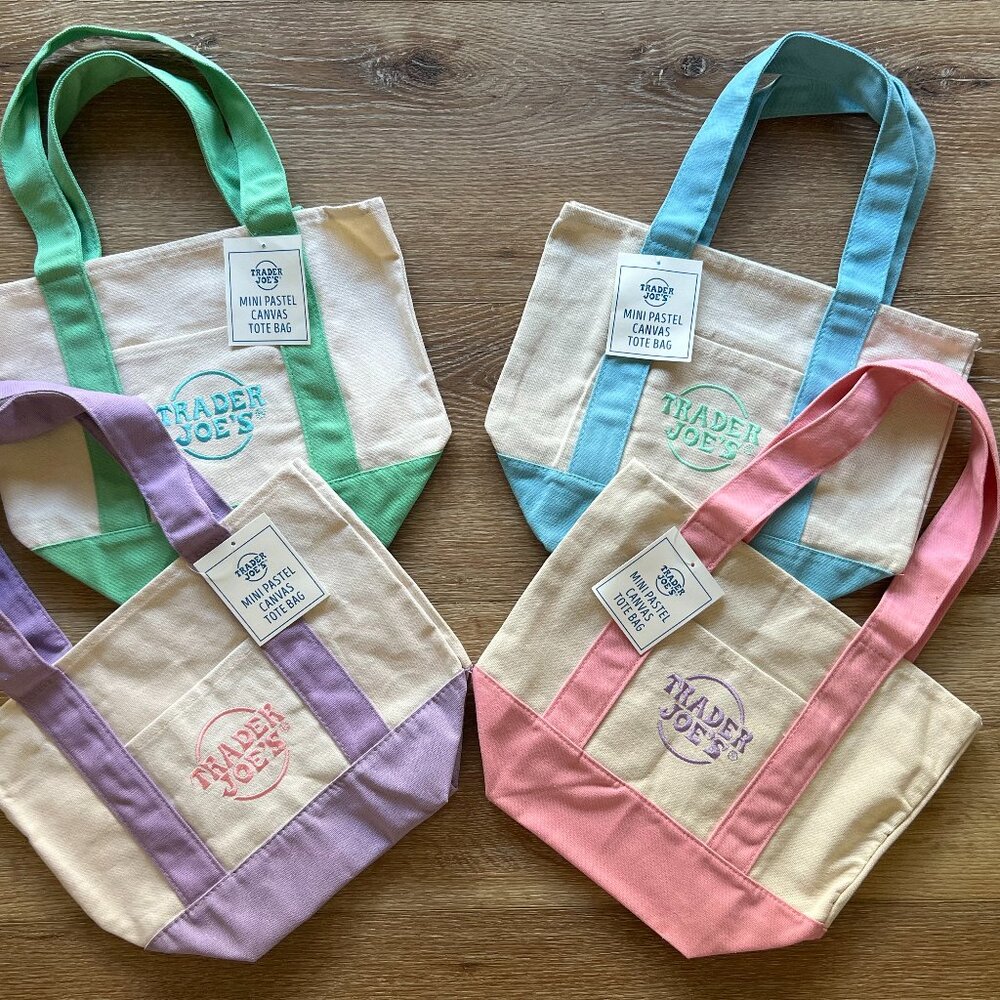 NWT Trader Joe's Mini-Tote Bag - SET OF 4 LIMITED PASTEL DROP Easter 💜🩵💗💚